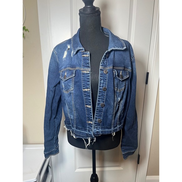 Denim Jacket Blue Distressed Cropped Size L Casual Jean - Picture 1 of 6